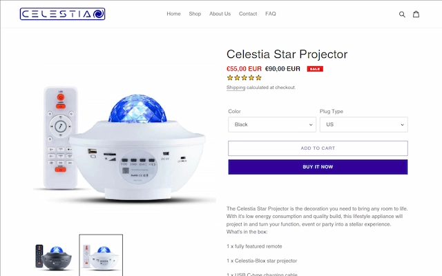 Shopify product page showing main product named Celestia Blox star projector